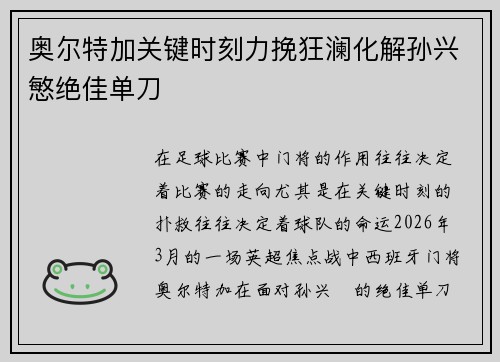 奥尔特加关键时刻力挽狂澜化解孙兴慜绝佳单刀