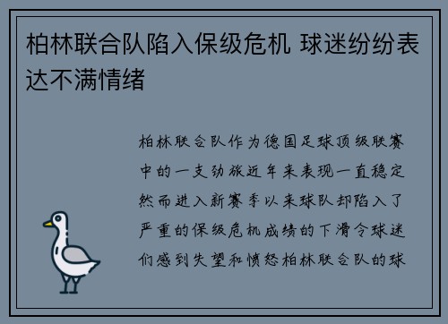 柏林联合队陷入保级危机 球迷纷纷表达不满情绪
